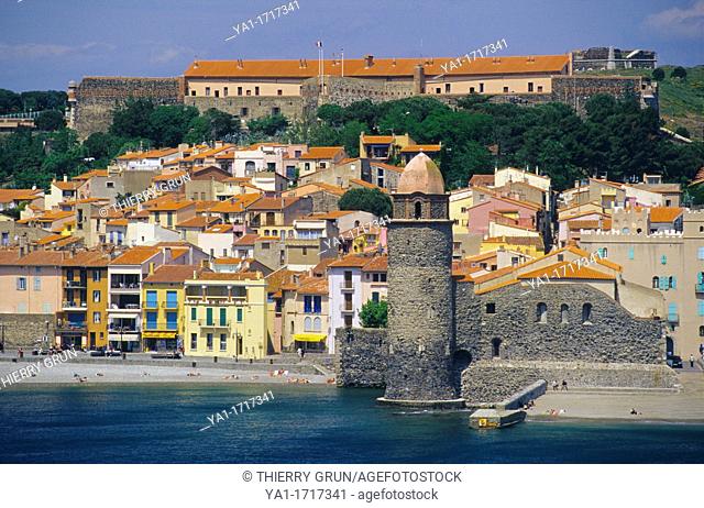 Notre Dame des anges church and Collioure's town, Eastern Pyrenees, Languedoc-Roussillon, France