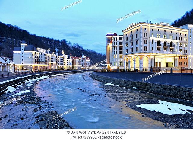 A view of the hotel complex in the alpine skiing resort of Rosa Khutor at dusk in the Krasnaja Polyana municipality near Sochi, Russia, 4 February 2013