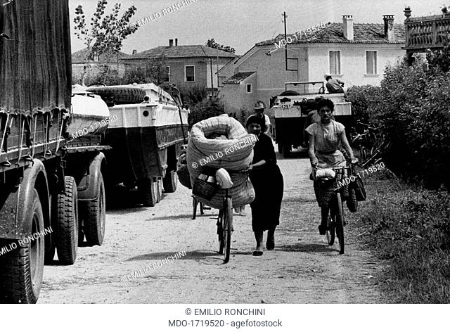 Women carrying their things on their bicycles during the Polesine flood. Women carrying their things on their bicycles. The Po river overflowed because of the...