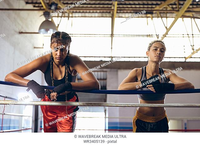 African american female boxers leaning on ropes and looking at camera in boxing ring at boxing club. Strong female fighter in boxing gym training hard
