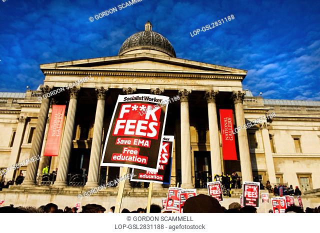 England, London, Trafalgar Square. Students outside the National Gallery in Trafalgar Square demonstrating against government education cuts