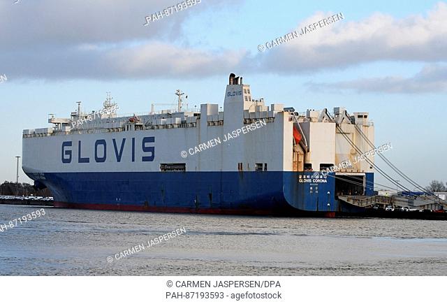 The freigher Glovis Corona, sailing under a South Korean flag, arrives in the Bremerhaven port in Germany, 13 January 2017