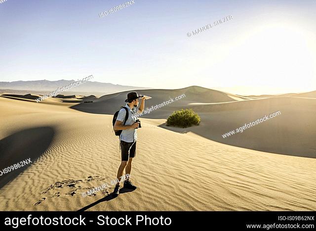 Man with binoculars, Mesquite Flat Sand Dunes, Death Valley National Park, Furnace Creek, California, USA