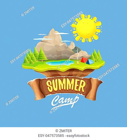 summer camp kids logo concept illustration with green valley, mountains, trees, sun, clouds, camp fire, camping tent and blue lake