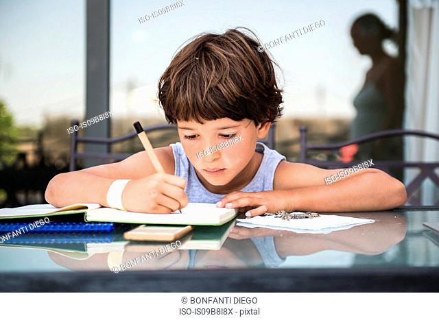 Boy at table writing in workbook