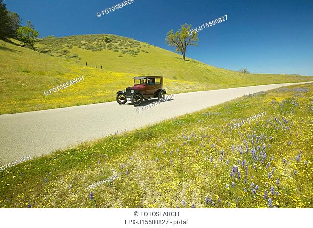 A maroon Model T driving down a scenic road