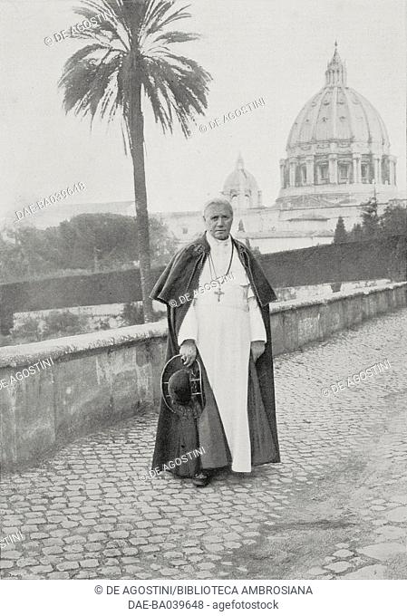 Pope Pius X in the Vatican gardens, Italy, photograph by Underwood, from L'Illustrazione Italiana, Year XXXVIII, No 34, August 20, 1911