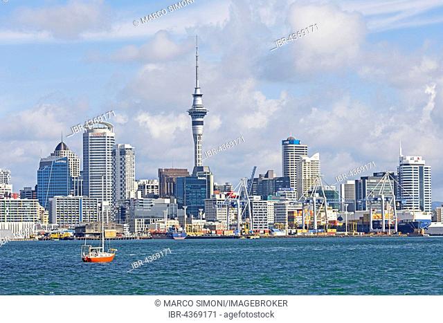 Skyline with skyscrappers and Sky Tower, Auckland, North Island, New Zealand