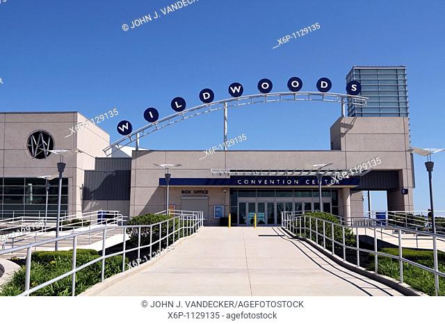 Wildwood Convention Center entrance on the Boardwalk, Wildwood, New Jersey, USA  Wildwood is famous for the Doo-wop retro architecture of many of its older...