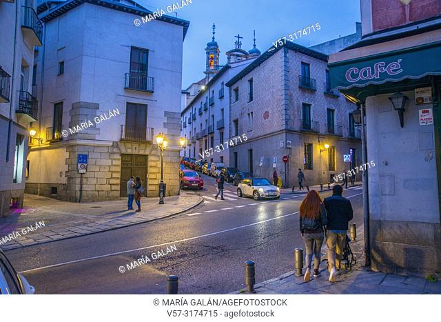 Segovia street, night view. Madrid, Spain