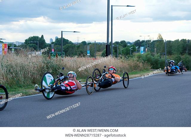 Competitors take part in Elite Handcycle Grand Prix on the opening day of the Prudential RideLondon event 2016 at the Lee Valley VeloPark Featuring: Competitors...