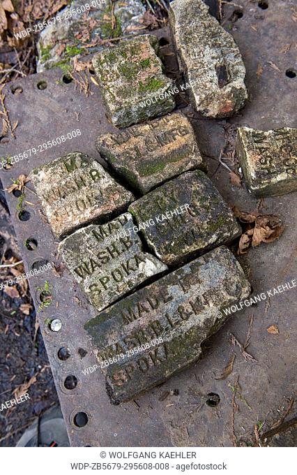 Old bricks, relics from the mining and logging past, along the Lime Kiln Trail near Granite Falls, Washington State, USA