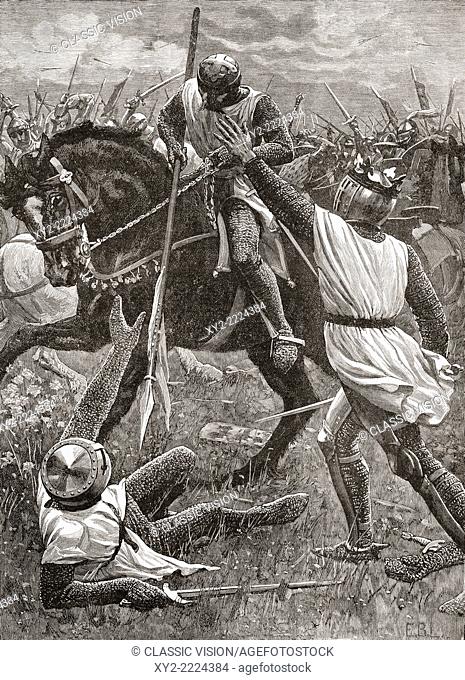 King Henry III in danger during the Battle of Evesham in 1265, part of The Second Baron's War in 1265. From Cassell's History of England, published c