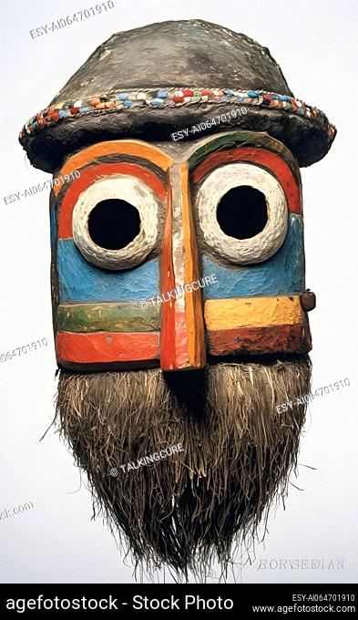 Vibrant and imaginative mask featuring a colorful beard, created using generative AI in a unique art brut style