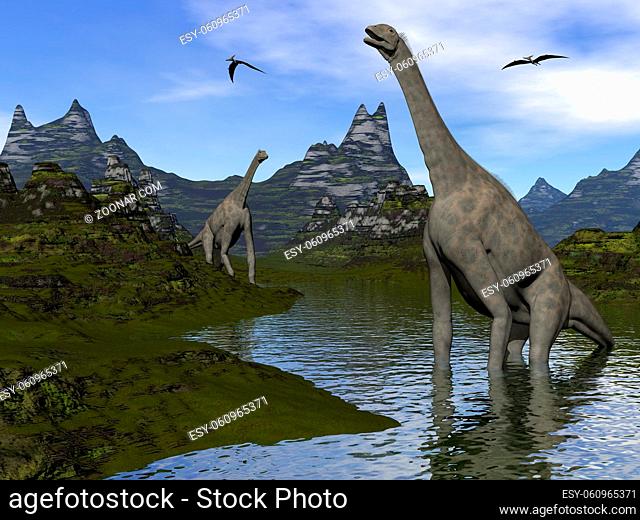 Atlasaurus dinosaurs walking in a landscape by day - 3D render