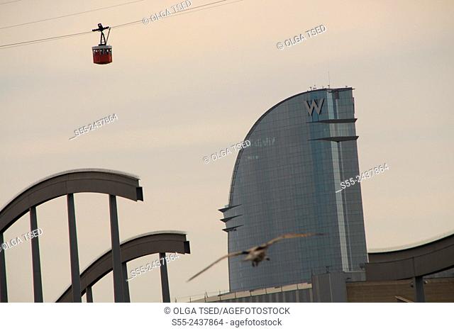Cable car and Barcelona W hotel. Barcelona, Catalonia, Spain