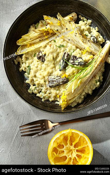 Barley and morel mushrooms risotto with fried chicory and ricotta