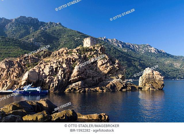 Genoese watchtower, rocky coast of Porto, Gulf of Porto, Corsica, France, Europe