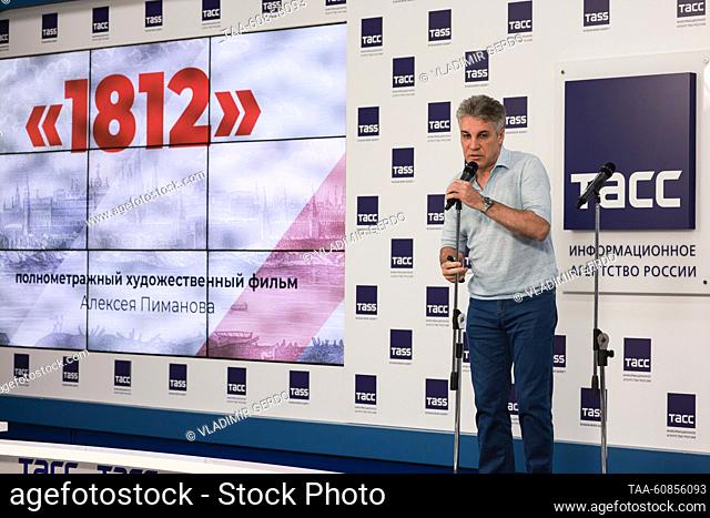 RUSSIA, MOSCOW - AUGUST 3, 2023: Filmmaker, producer Alexei Pimanov presents his film 1812 by the Pimanov and partners at an event to show new national film...