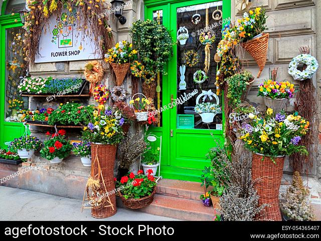 Budapest, Hungary - March 27, 2018: Steet small flower shop at Budapest