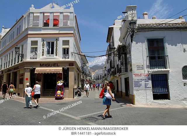 Streets, shops, tourists, Nerja, Province of Malaga, Andalusia, Costa del Sol, Spain, Europe
