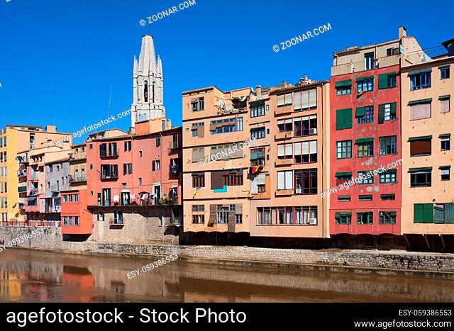 Riverside houses in Girona city Old Quarter (Barri Vell), Catalonia, Spain