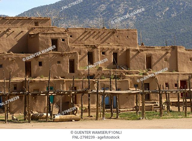 Facade of adobe buildings, Taos Pueblo, Taos, New Mexico, USA