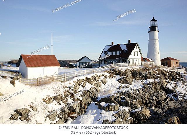 Portland Head Light at Fort Williams Park during the winter months  Located in Cape Elizabeth, Maine USA, which is part of the New England seacoast  Notes:...