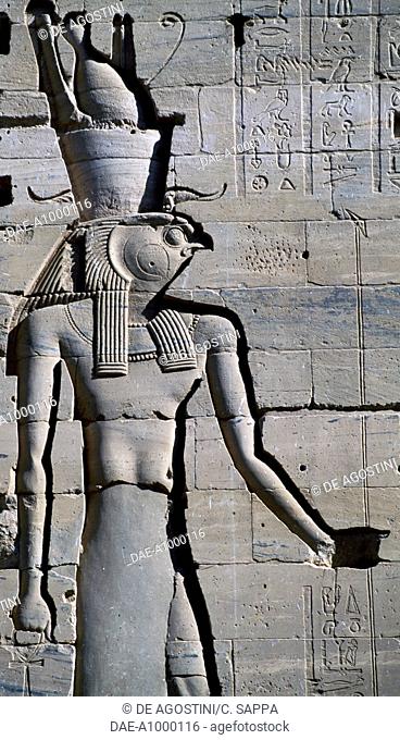 Bas-relief, First Pylon, Temple of Isis at Philae (Unesco World Heritage List, 1979), Agilkia Island, Aswan, Egypt. Egyptian civilisation