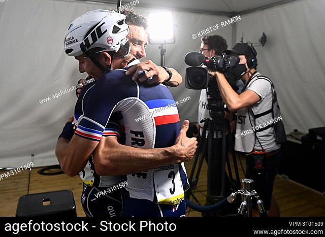 French Julian Alaphilippe and French Benoit Cosnefroy celebrate after the elite men road race of the UCI World Championships Road Cycling Flanders 2021, 268
