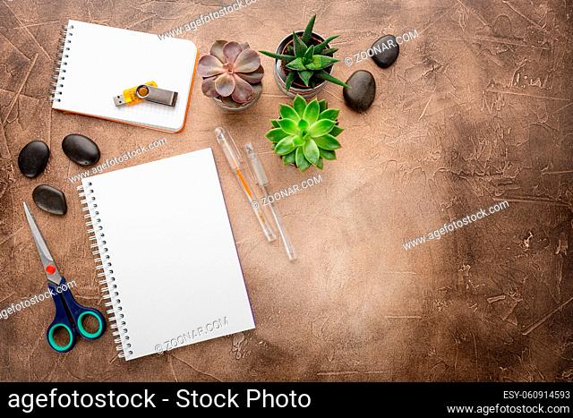 Empty note pad for notes, pens, zen stones, scissors, glasses and pots with succulents on the table. Top view with place for text