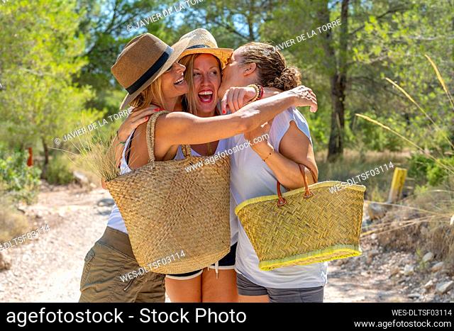 Cheerful friends hugging each other on sunny day
