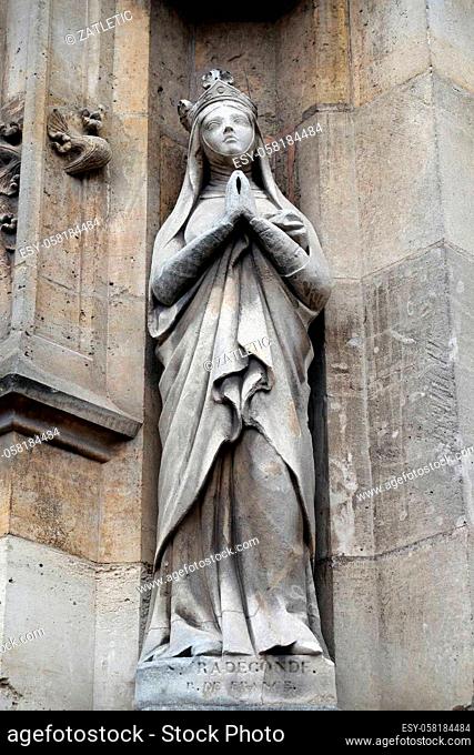 Saint Radegund statue on the portal of the Saint Germain l'Auxerrois church in Paris, France