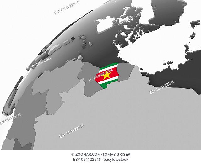 Suriname on gray political globe with embedded flag. 3D illustration