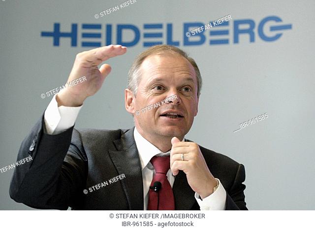 Bernhard Schreier, chairman of the Heidelberger Druckmaschinen AG in front of the company logo during the press conference on financial statements in the Print...
