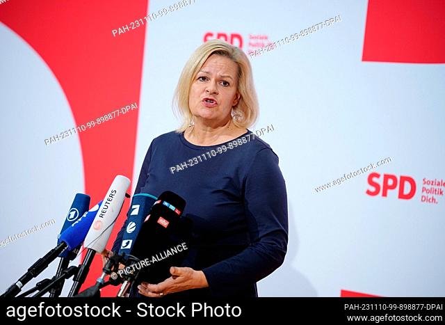 10 November 2023, Berlin: Nancy Faeser (SPD), Federal Minister of the Interior and Home Affairs and State Chair of the SPD in Hesse