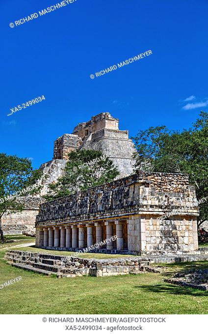 Columns Building (foreground), Pyramid of the Magician (background), Uxmal, Yucatan, Mexico