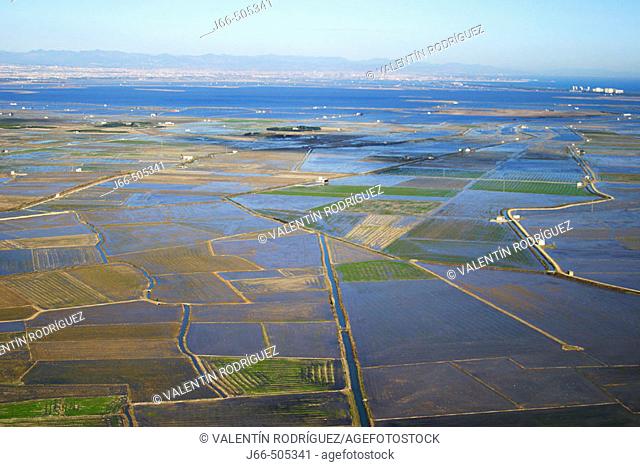 Aerial view on flooded rice fields and La Albufera in background. Valencia province, Comunidad Valenciana, Spain