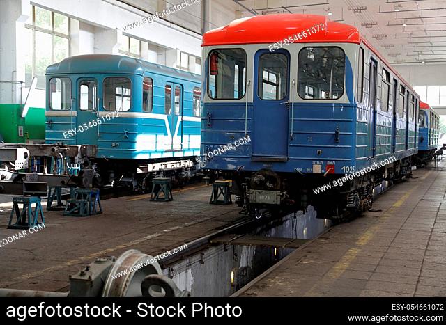 Moscow, Russia - September 6, 2019: Inside the Severnoe electric depot for the maintenance and repair of passenger trains and cars of the city metro