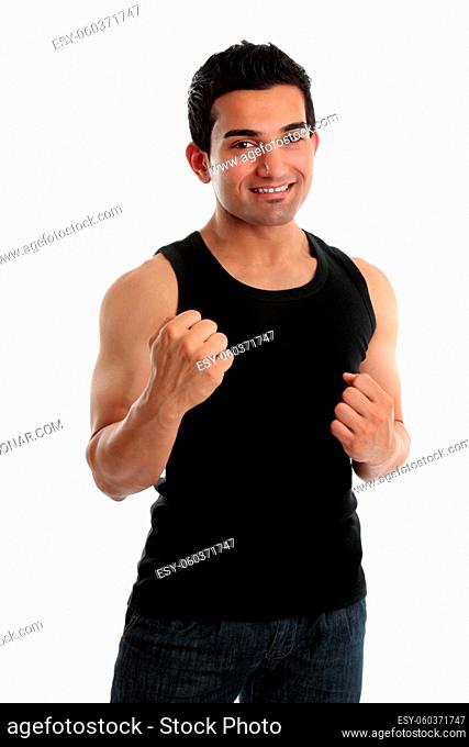 Adult man holding up two loose clenched fists and smiling. White background