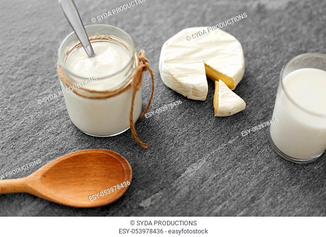 white cheese, homemade yogurt, milk and spoon