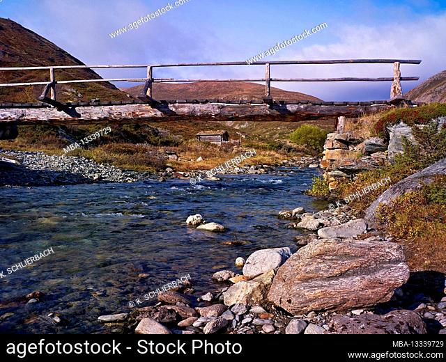 Europe, Norway, Oppland, Rondane National Park, Grimsdalen, historic wooden bridge over the Grimsdalselva river