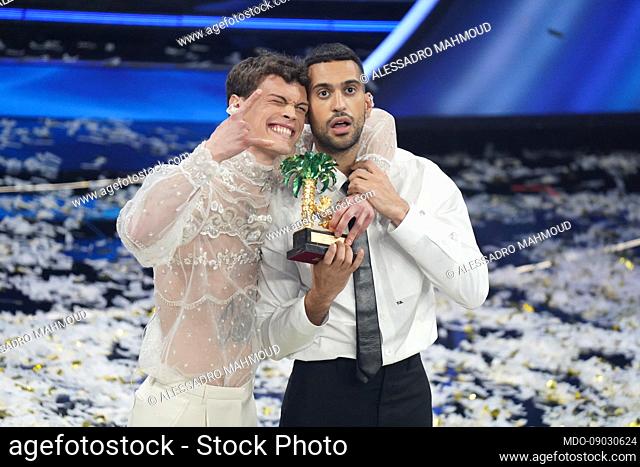 The winners Mahmood and Blanco at the 72 Sanremo Festival. Final evening. Valentino and Burberry clothes. Sanremo (Italy), February 5th, 2022