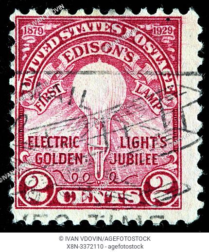 Thomas Edison's First Lamp, 1879, Electric Light's Golden Jubilee, postage stamp, USA, 1929