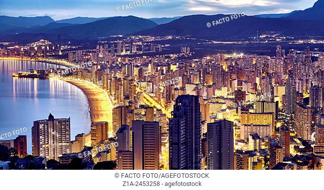 Aerial view of the east beach and the skyline by night. Benidorm. Alicante. Valencia Community. Spain
