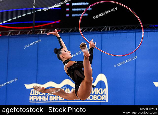 RUSSIA, MOSCOW - OCTOBER 13, 2023: Russia's Lala Kramarenko performs her hoop routine in the individual final at the 2023 Cup of the Strongest international...