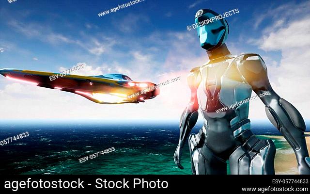 Astronaut and spaceship on alien planet
