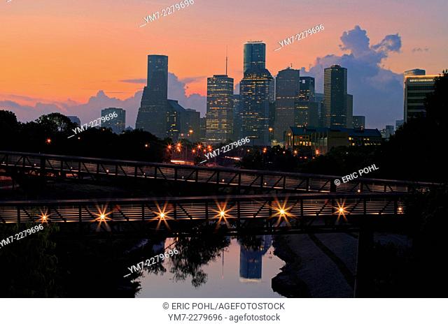The Rosemont Bridge and Skyline, Houston TX. The Rosemont Bridge is a concrete and steel bridge spanning Buffalo Bayou near downtown Houston