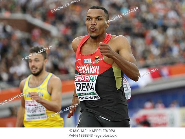 Germany's Robin Erewa competes in the Men's 200 m semi-final heats at the European Athletics Championships at the Olympic Stadium in Amsterdam, The Netherlands