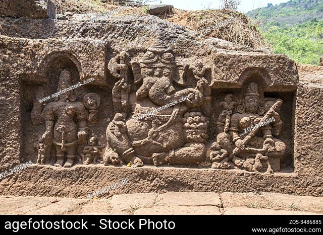 Panhale Kaji or Panhalakaji Caves, District- Sindhudurg, Maharashtra, India : Sculptured panel showing Ganesha flanked by Lakshmi and Saraswathi carved on the...
